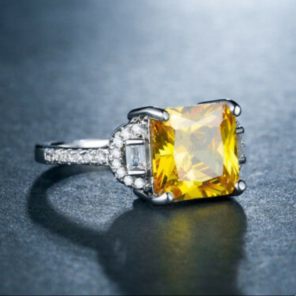 New 925 Silver Princess Cut Citrine Ring Size 6-10 - Picture 3 of 5
